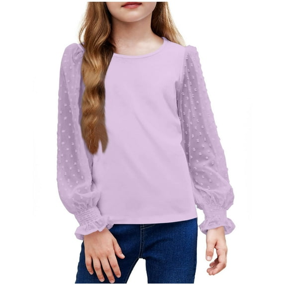 JTSRKL Girls Long Sleeve Shirt with Ruffle Cuffs Polka Swiss Dots Trendy Solid Color Kids Girls Pullover Shirts Cute Crewneck Girls Top Purple 7-8 Years