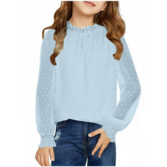 JTSRKL Girls Long Sleeve Shirts Lightweight Casual Solid Color Chiffon Blouses Swiss Dot Frill Neck Casual Loose Cute Top Tunic Tees Blue 4-5 Years