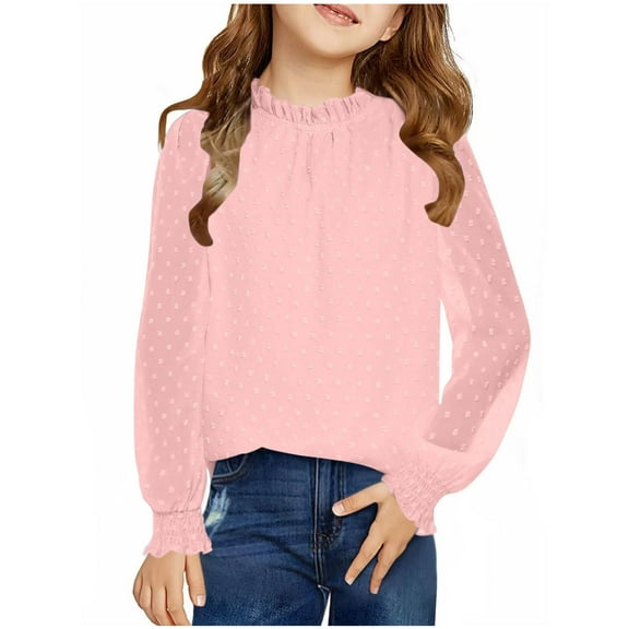 JTSRKL Girls Long Sleeve Shirts Lightweight Casual Solid Color Chiffon Blouses Swiss Dot Frill Neck Casual Loose Cute Top Tunic Tees Pink 12-13 Years