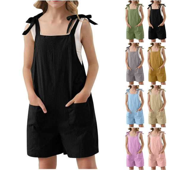 JTSRKL Girls Romper Sleeveless Casual Solid Color Adjustable Tie-Up Strap Short Jumpsuits Loose Fit Overalls Cute Summer Outfit Clothes with Pocket Pink 13-14 Years