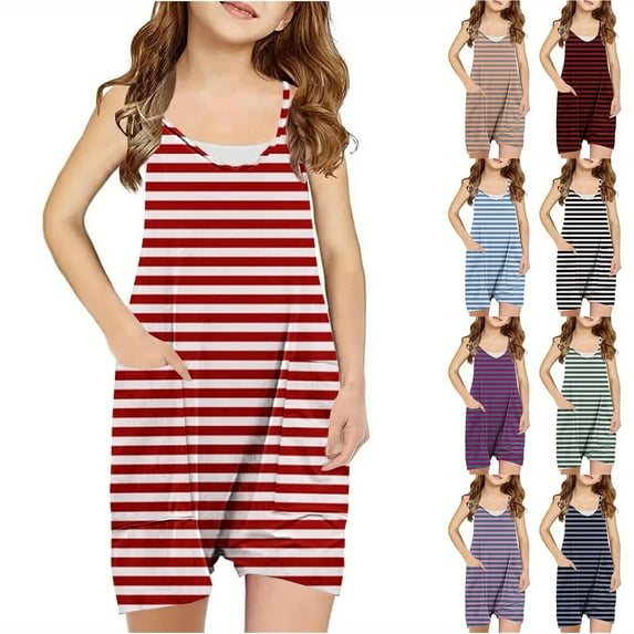 JTSRKL Girls Sleeveless Jumpsuits with Pockets Casual Striped Color Block Print Spaghetti Strappy Short Rompers Loose Fit Overalls for Kids Teens Cute Summer Outfit Clothes 2025 Green 5-6 Years