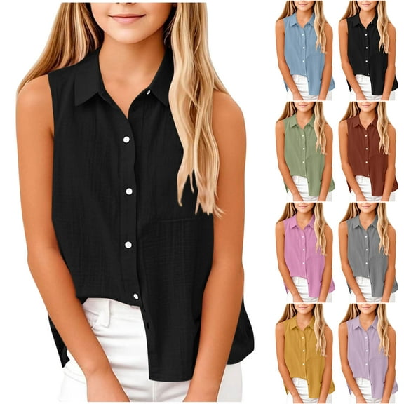 JTSRKL Girls Summer Button Down Hawaiian Shirts Casual Soft Cotton and Linen Beach Tops Lightweight Sleeveless Solid Color Kids Collared Tees Shirt Yellow 7-8 Years