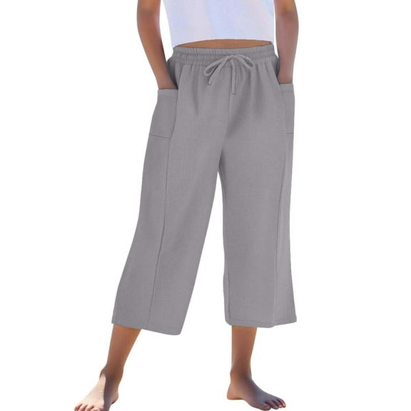 JTSRKL Girls Summer Capri Pants Loose High Waisted Wide Leg Lounge Pants Cute Drawstring Casual Palazzo Trousers with Pockets Gray 6-7 Years