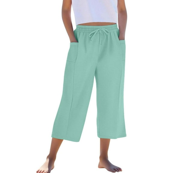 JTSRKL Girls Summer Capri Pants Loose High Waisted Wide Leg Lounge Pants Cute Drawstring Casual Palazzo Trousers with Pockets Green 12-13 Years