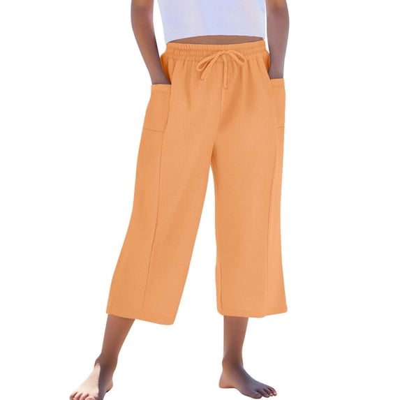 JTSRKL Girls Summer Capri Pants Loose High Waisted Wide Leg Lounge Pants Cute Drawstring Casual Palazzo Trousers with Pockets Orange 4-5 Years