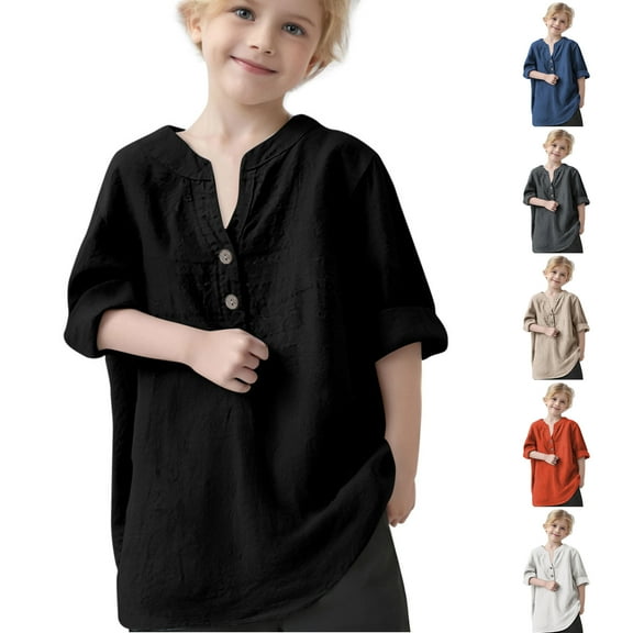JTSRKL Girls Summer Cotton Linen Shirts Casual Rolled up Long Sleeve Button up V Neck Plain Tees Shirt Loose Fit Cute Little and Big Kids Outfit Clothes Orange 9-10 Years