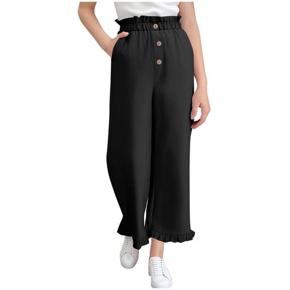 JTSRKL Girls Summer Elastic High Waist Layered Ruffle Flare Bell Wide Leg Pants Loose Fit Casual Drawstring Harun Pants with Pockets Black 14-15 Years
