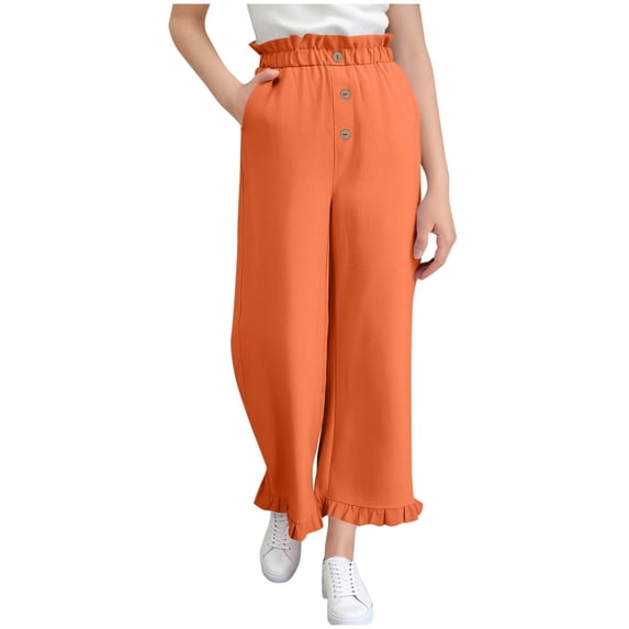 JTSRKL Girls Summer Elastic High Waist Layered Ruffle Flare Bell Wide Leg Pants Loose Fit Casual Drawstring Harun Pants with Pockets Orange 11-12 Years