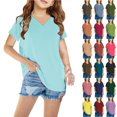 thumbnail image 1 of JTSRKL Girls Summer T-Shirts Cute Short Sleeve V Neck Solid Color Tunic Tops Loose Fit Casual Teen Girl Soft Cotton Tees Shirt Red#01 3-4 Years, 1 of 6