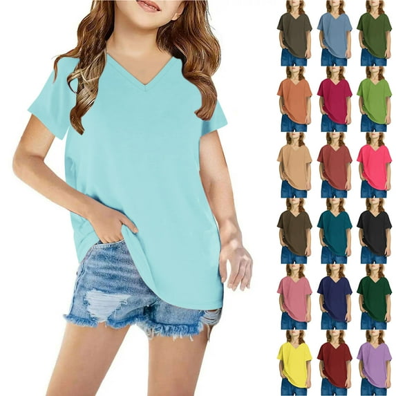 JTSRKL Girls Summer T-Shirts Cute Short Sleeve V Neck Solid Color Tunic Tops Loose Fit Casual Teen Girl Soft Cotton Tees Shirt Red#01 9-10 Years