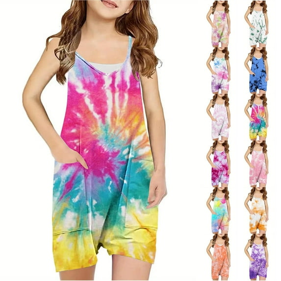JTSRKL Girls Summer Tie Dye Print Jumpsuits Loose Fit Casual Summer Sleeveless Spaghetti Strappy Short Jumpsuit Trendy Outfit Clothes Cute Kids Rompers with Pockets Multicolor#06 11-12 Years