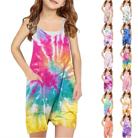JTSRKL Girls Summer Tie Dye Print Jumpsuits Loose Fit Casual Summer Sleeveless Spaghetti Strappy Short Jumpsuit Trendy Outfit Clothes Cute Kids Rompers with Pockets Multicolor#10 5-6 Years