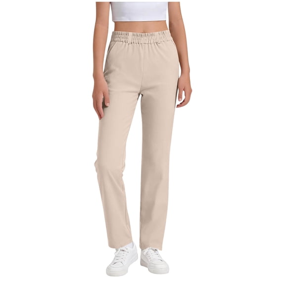 JTSRKL Girls Wide Leg Pants Stretchy Smoked Elastic High Waisted Open Bottom School Uniform Pant Casual Classic Spring Trousers with Pockets Beige 15-16 Years