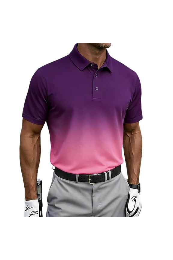 Gradient Printed Collared Tops for Men Short Sleeve Button Placket Stretch Soft Tees Classic Comfortable Business Outdoor Leisure Shirts Purple XXL