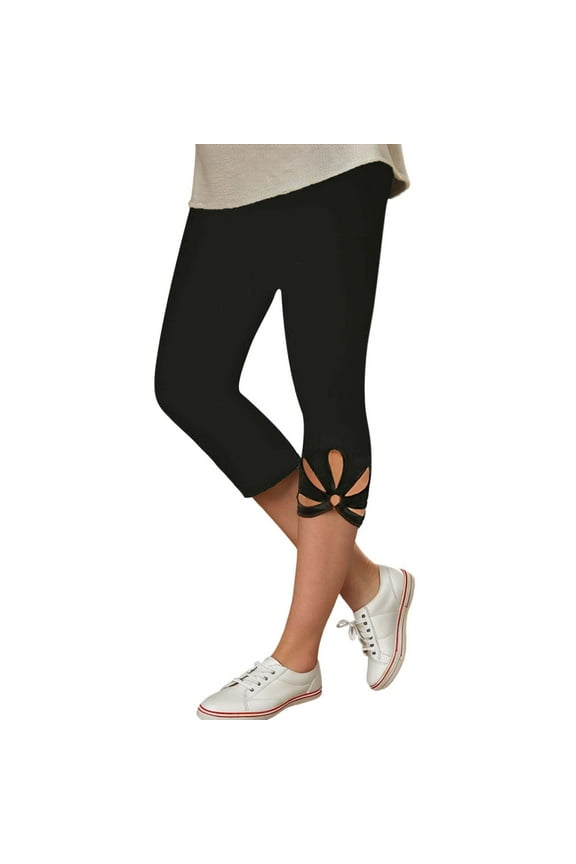 Grils Capri Leggings 2025 Dressy Casual Summer Hollow out Yoga Capris Comfy Knee Length Crop Pants Trendy Workout Compression Pants Black 12-13 Years