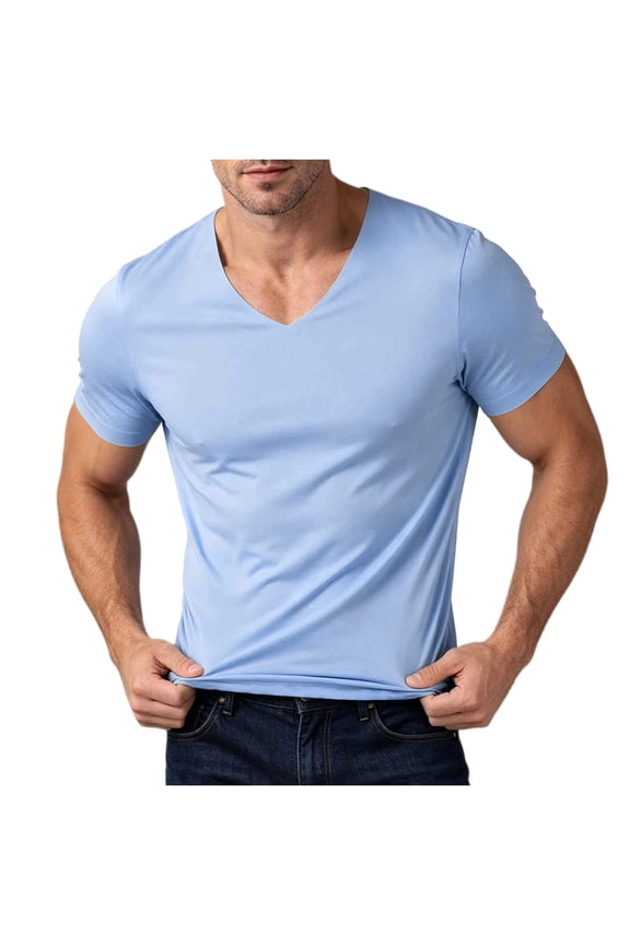 Ice Silk V Neck Short Sleeve Tees for Men Lightweight Breathable Stretchy Flex Soft Raglan Shirts Summer Casual Daily Training Tops