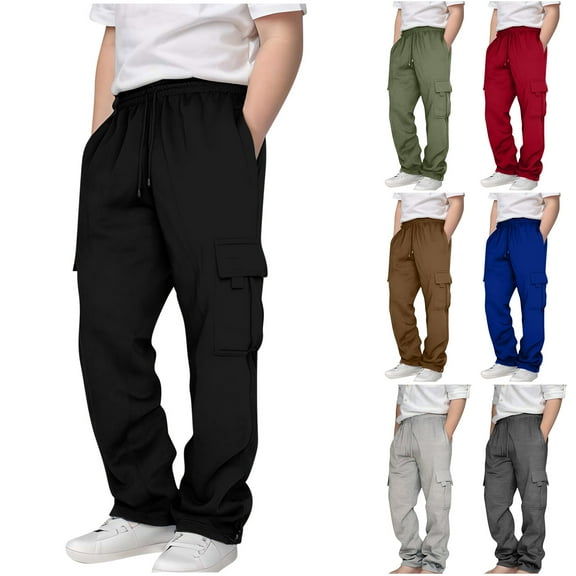 JTSRKL Kids Boys Girls Cargo Sweatpants Lightweight Casual Teens Solid Color Drawstring Elastic Waist Wide Straight Leg Jogger Pants with Pockets Black 13-14 Years