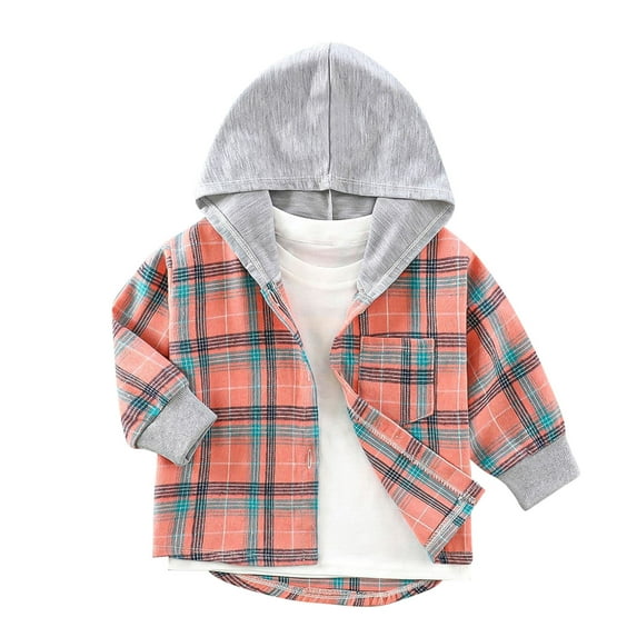 JTSRKL Kids Boys Girls Flannel Hooded Plaid Shirts Lightweight Casual Fall Long Sleeve Patchwork Button Down Hoodie Outwear Jackets with Pockets Orange 10-11 Years