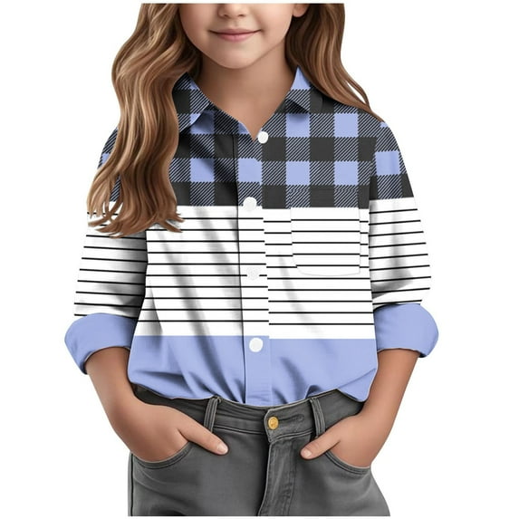 JTSRKL Kids Boys Girls Long Sleeve Button Down Shirts Casual Striped Plaid Pattern Printed Rolled-up Sleeves Collared T-Shirt Tops with Pockets Blue 7-8 Years