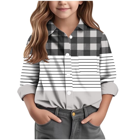 JTSRKL Kids Boys Girls Long Sleeve Button Down Shirts Casual Striped Plaid Pattern Printed Rolled-up Sleeves Collared T-Shirt Tops with Pockets Gray 7-8 Years