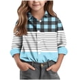 thumbnail image 1 of JTSRKL Kids Boys Girls Long Sleeve Button Down Shirts Casual Striped Plaid Pattern Printed Rolled-up Sleeves Collared T-Shirt Tops with Pockets Light Blue 13-14 Years, 1 of 7