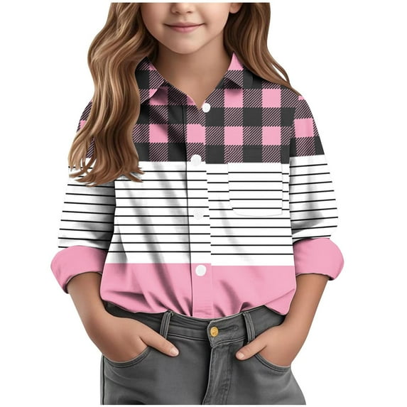 JTSRKL Kids Boys Girls Long Sleeve Button Down Shirts Casual Striped Plaid Pattern Printed Rolled-up Sleeves Collared T-Shirt Tops with Pockets Pink 13-14 Years