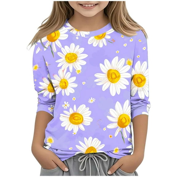 JTSRKL Kids Girls 3/4 Length Sleeve Tops Cute Daisy Pattern Print Fall Crewneck Graphic T-Shirts Loose Lightweight Comfy Pullover Blouse Purple 9-10 Years