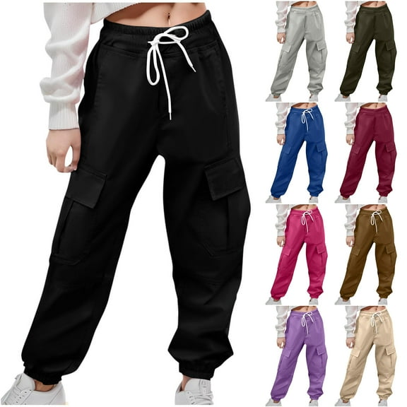 JTSRKL Kids Girls Cargo Pants Casual Drawstring Elastic Waist Solid Color Jogger Pants for Teen Girls Streetwear Loose Parachute with Multi-Pockets Gray 4-5 Years