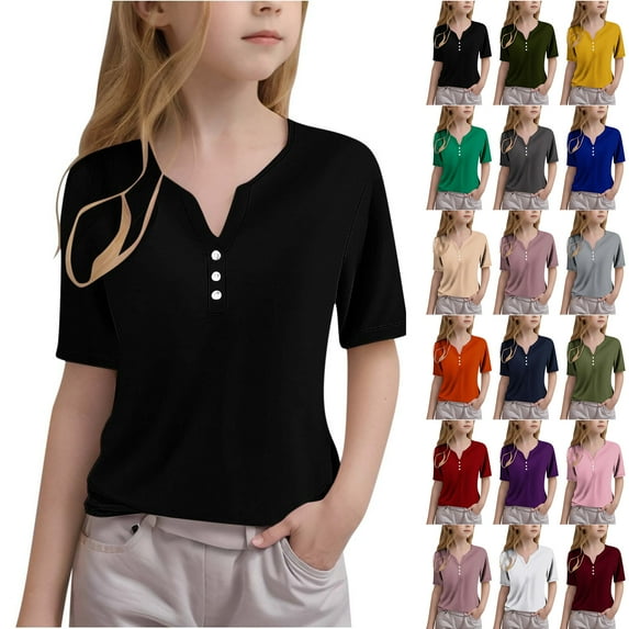 JTSRKL Kids Girls Cute Summer T-Shirts Casual Short Sleeve Button V Neck Solid Color Tunic Blouse Lightweight Soft Cotton Tees Tops Blue 4-5 Years