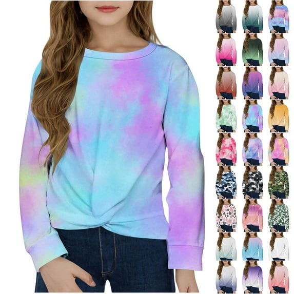 JTSRKL Kids Girls Fashion Ombre T-Shirts Cute Front Tie Knot Long Sleeve Ruched Tunic Blouse Casual Tie Dye Gradient Print Crewneck Pullover Sweatshirt Tops Sky Blue 4-5 Years