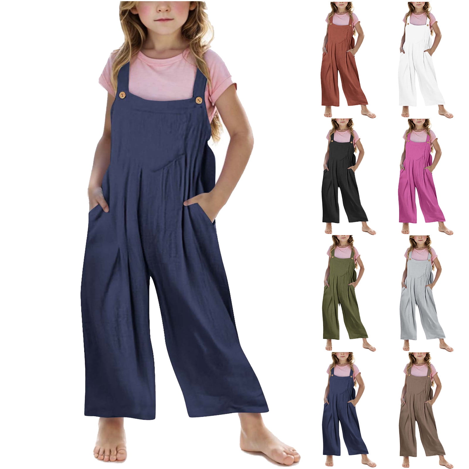 Haloumoning Girls' Sleeveless Wide-Leg Jumpsuit – Casual Overalls With Pockets For Summer (Ages 5-14)