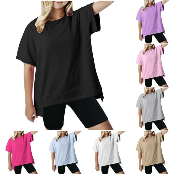 JTSRKL Kids Girls Oversized T Shirts Trendy Solid Color Crewneck Short Sleeve Casual Preppy Teens Summer Tops Lightweight Loose High Low Blouse White 5-6 Years