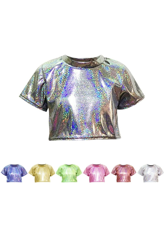 Kids Girls Shiny Metallic Dance Cropped Tops Short Sleeve Tanks T-Shirt Jazz Hip Hop Disco Cheerleading Shirts Gold 7-8 Years