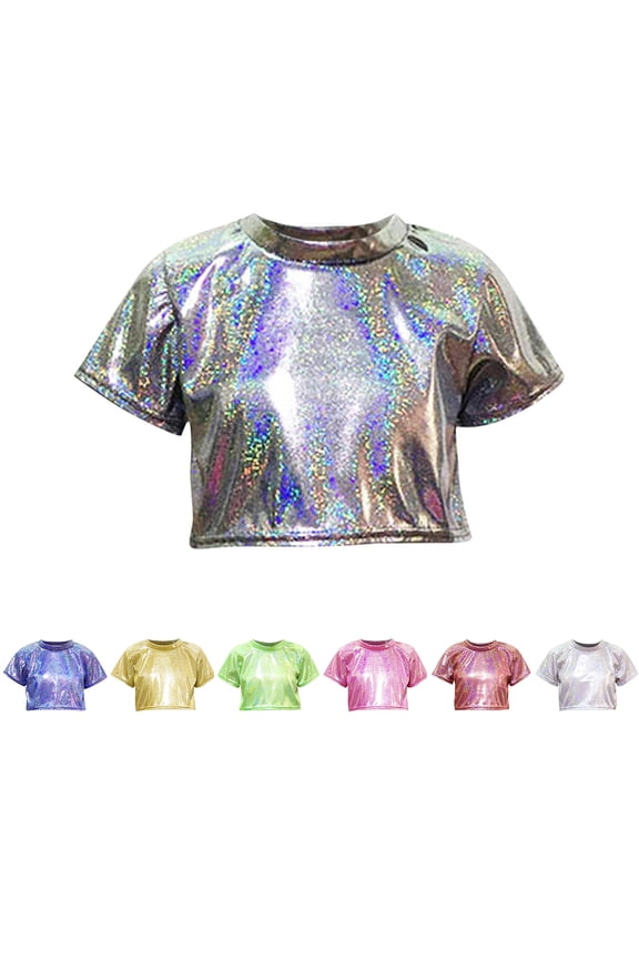 Kids Girls Shiny Metallic Dance Cropped Tops Short Sleeve Tanks T-Shirt Jazz Hip Hop Disco Cheerleading Shirts Hot Pink 8-9 Years