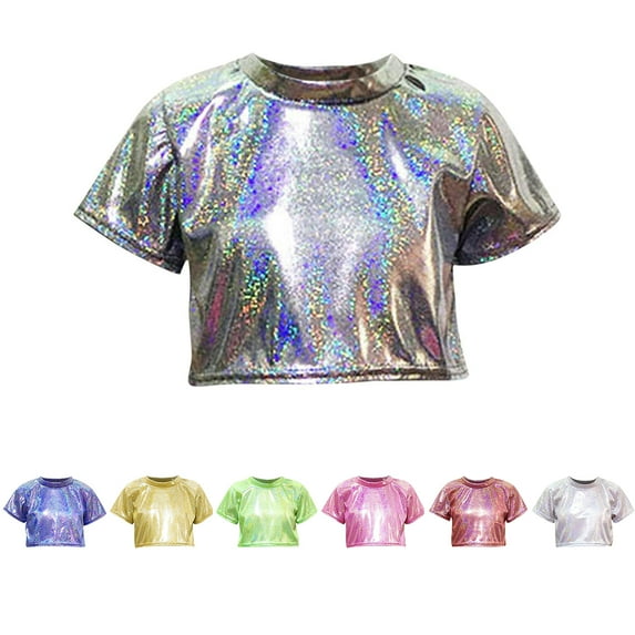 JTSRKL Kids Girls Shiny Metallic Dance Cropped Tops Short Sleeve Tanks T-Shirt Jazz Hip Hop Disco Cheerleading Shirts Silver 3-4 Years