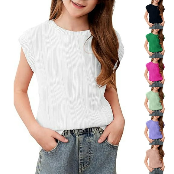 JTSRKL Kids Girls Textured T Shirts Cute Summer Short Sleeve Tops Loose Fit Casual Tshirts Basic Workout Tees Shirt Black 12-13 Years