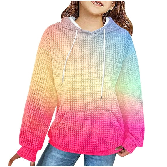 JTSRKL Kids Girls Tie Dye Print Waffle Knit Hoodie Tops Lightweight Casual Drawstring Long Sleeve Hooded Pullover Sweatshirts Trendy Comfy Athletic T-Shirts with Pockets Hot Pink 5-6 Years