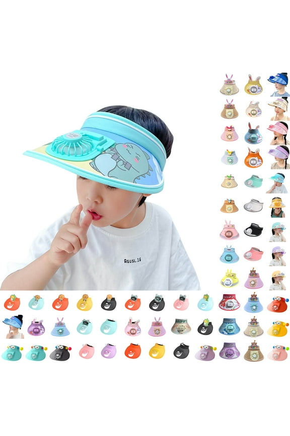Kids Sun Visor Hat with Built-in USB Charging Fan Boys Girls UPF 50+ Sun Protection Hat Cute Cartoon Pattern Adjustable Wide Brim Visors Fan Caps for 3-16Y J-White