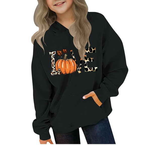 JTSRKL Leopard Love Fall Pumpkin Hooded Sweatshirts for Kids Cute Boys Girls Long Sleeve Hoodie Tops with Kangaroo Pockets Lightweight Fall Outfit Clothes Black 5-6 Years