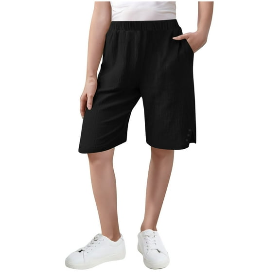 JTSRKL Linen Bermuda Shorts for Girls Cute Knee Length Casual Button Side Slit Summer Cotton Capri Pants Lightweight Beach Shorts with Pockets Black 5-6 Years