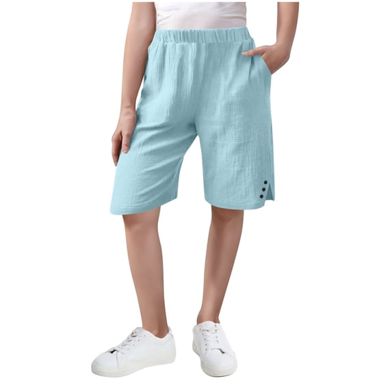 JTSRKL Linen Bermuda Shorts for Girls Cute Knee Length Casual Button Side Slit Summer Cotton Capri Pants Lightweight Beach Shorts with Pockets Light Blue 7-8 Years