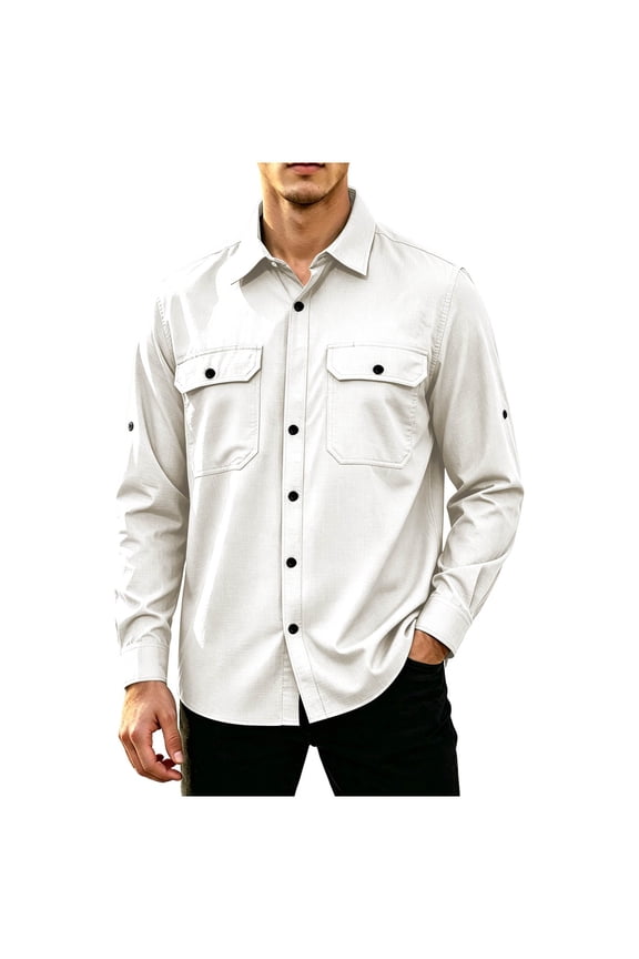 Long Sleeve Button Up Shirts for Men Flap Pockets Lightweight Breathable Stretchy Tshirts Casual Versatile Functional Utility Tops