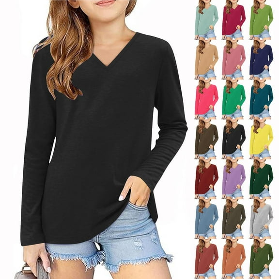 JTSRKL Long Sleeve V Neck T-Shirts for Kids Girls Casual Spring Fashion Solid Color Basic Workout Tees Shirt Dressy Pullover Tops Purple 4-5 Years