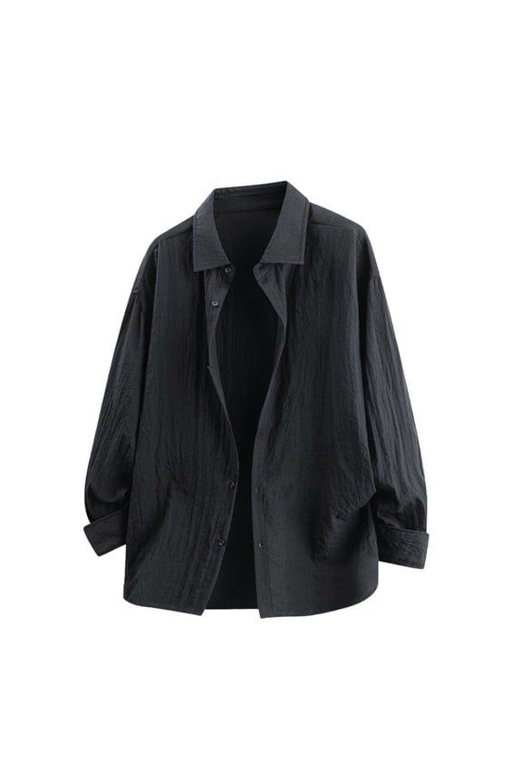 Men's Casual Button Down Shirts Long Sleeve Solid Color Wrinkle Texture Tops Loose Fit Lightweight Untucked Vacation Beach Tees Black M