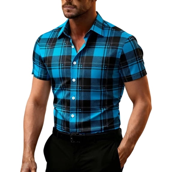 JTSRKL Men's Classic Plaid Golf Style Shirts Button Down Wrinkle Free Casual Short Sleeve Tops Button Up Formal Business Summer Tops Blue XXL