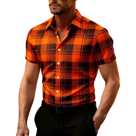 JTSRKL Men's Classic Plaid Golf Style Shirts Button Down Wrinkle Free Casual Short Sleeve Tops Button Up Formal Business Summer Tops Orange M