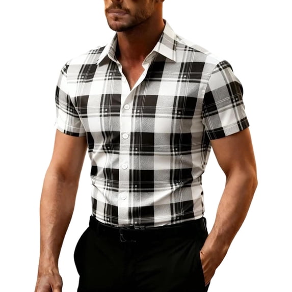 JTSRKL Men's Classic Plaid Golf Style Shirts Button Down Wrinkle Free Casual Short Sleeve Tops Button Up Formal Business Summer Tops White XL
