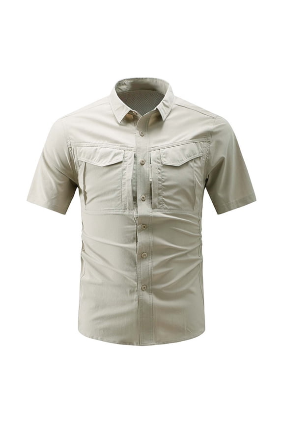 Men's Collared Short Sleeve Cargo Shirt Back Mesh Vent Design Ice Feel Tops Quick Dry Loose Outdoor Solid Tees with Multi Pockets Beige XXL