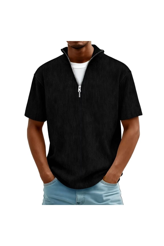 Men's Corduroy Textured Casual Tops Short Sleeve Stand‑Collared Quarter‑Zip Shirts Loose‑Fit Lightweight Daily Leisure Summer Tees Black S