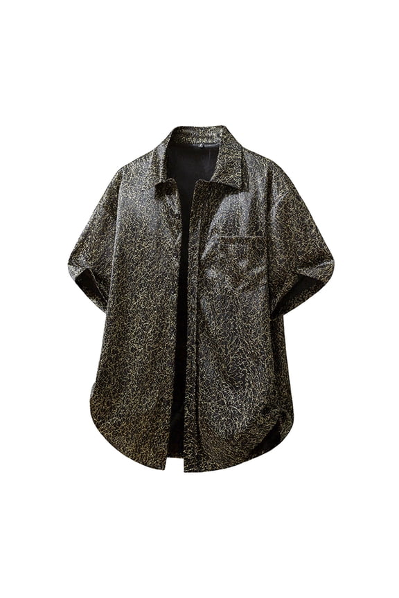 Men's Cuban Collar Button Down Shirt Silky Smooth Luxury Gold Foil Embossed Subtle Pattern Tees Retro Hawaii Casual Summer Party Tops Black M